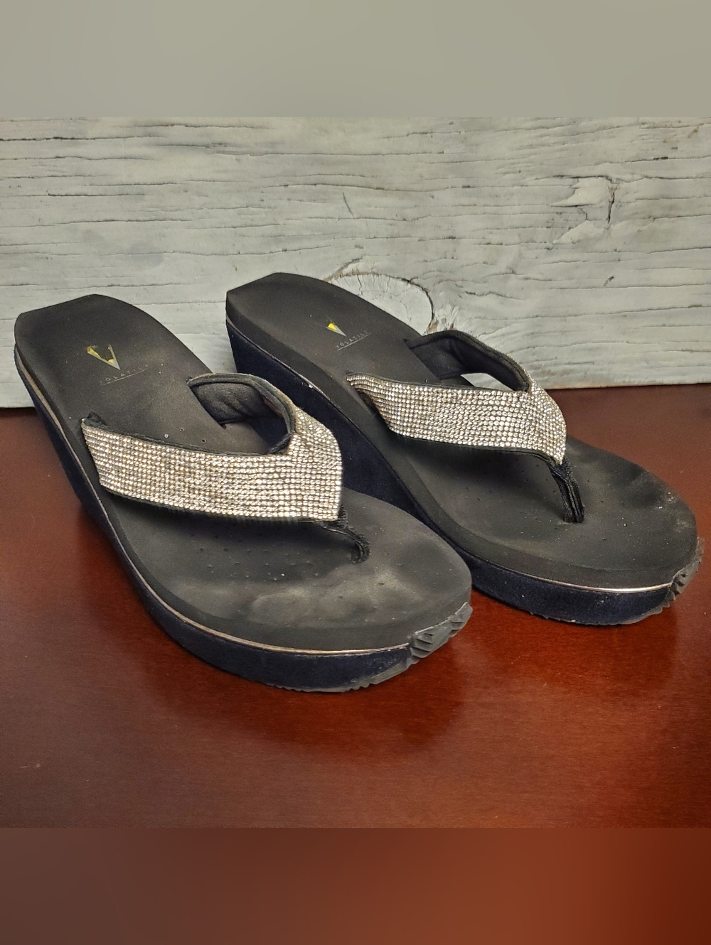Volatile Glimpse Rhinestone Wedge Sandal, 9, Black